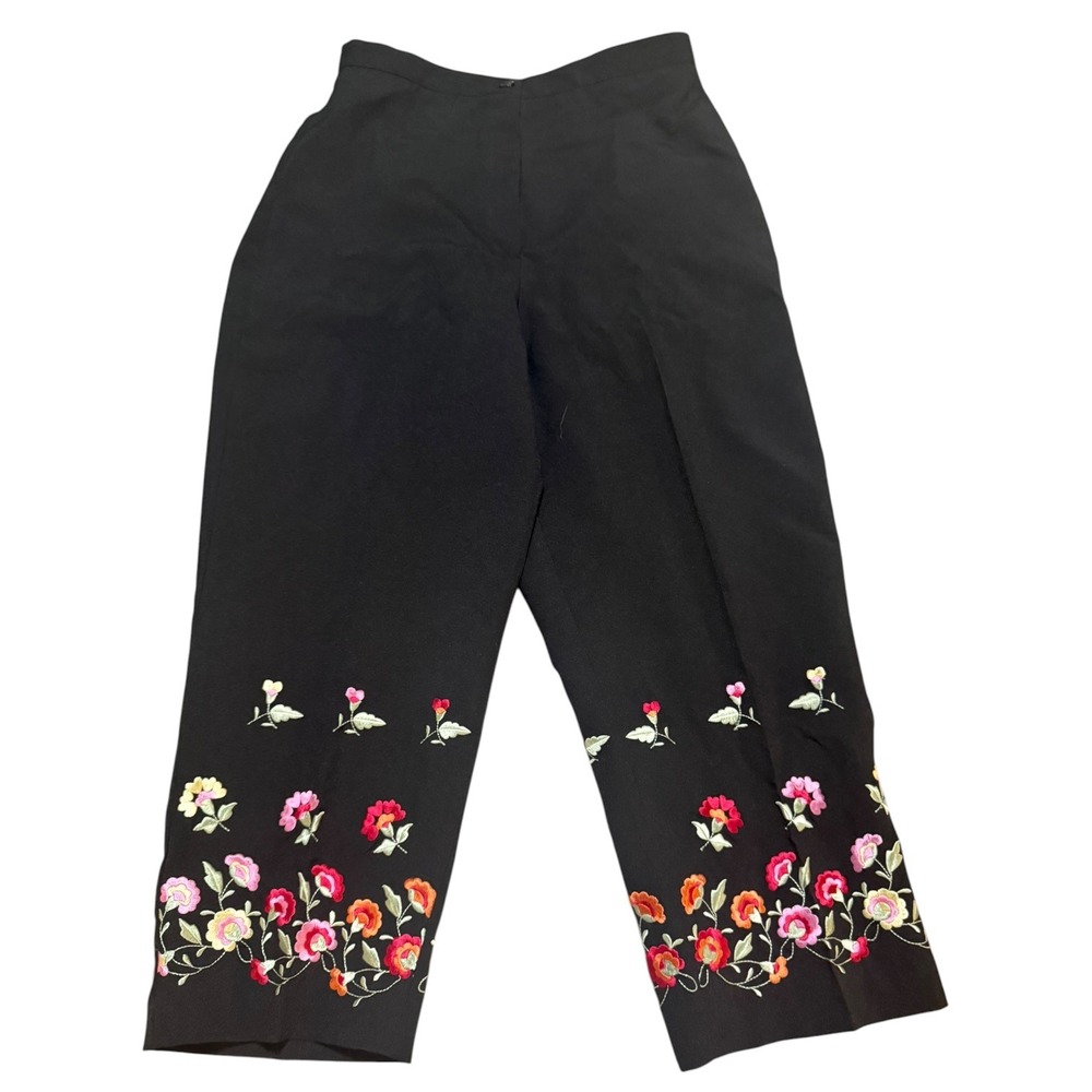 VTG Larry Levine Petite Sport Black Floral Embr Whimsigoth Pants Cropped 12P